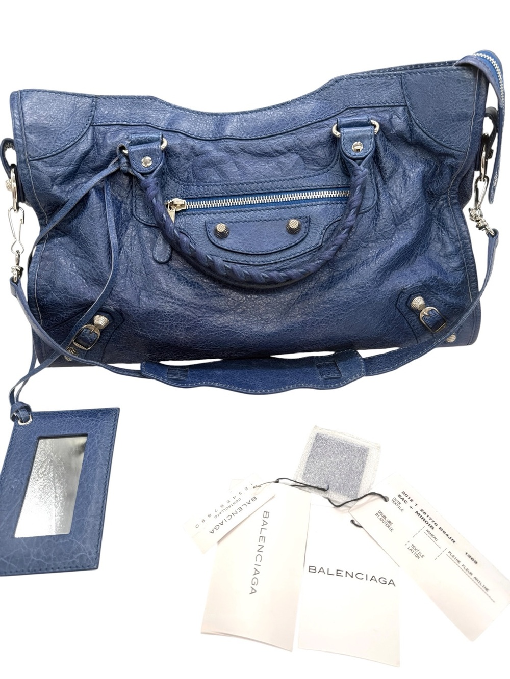 Auth Balenciaga Classic City Bag Cobalt Blue medium motorcycle Giant 12 Silver